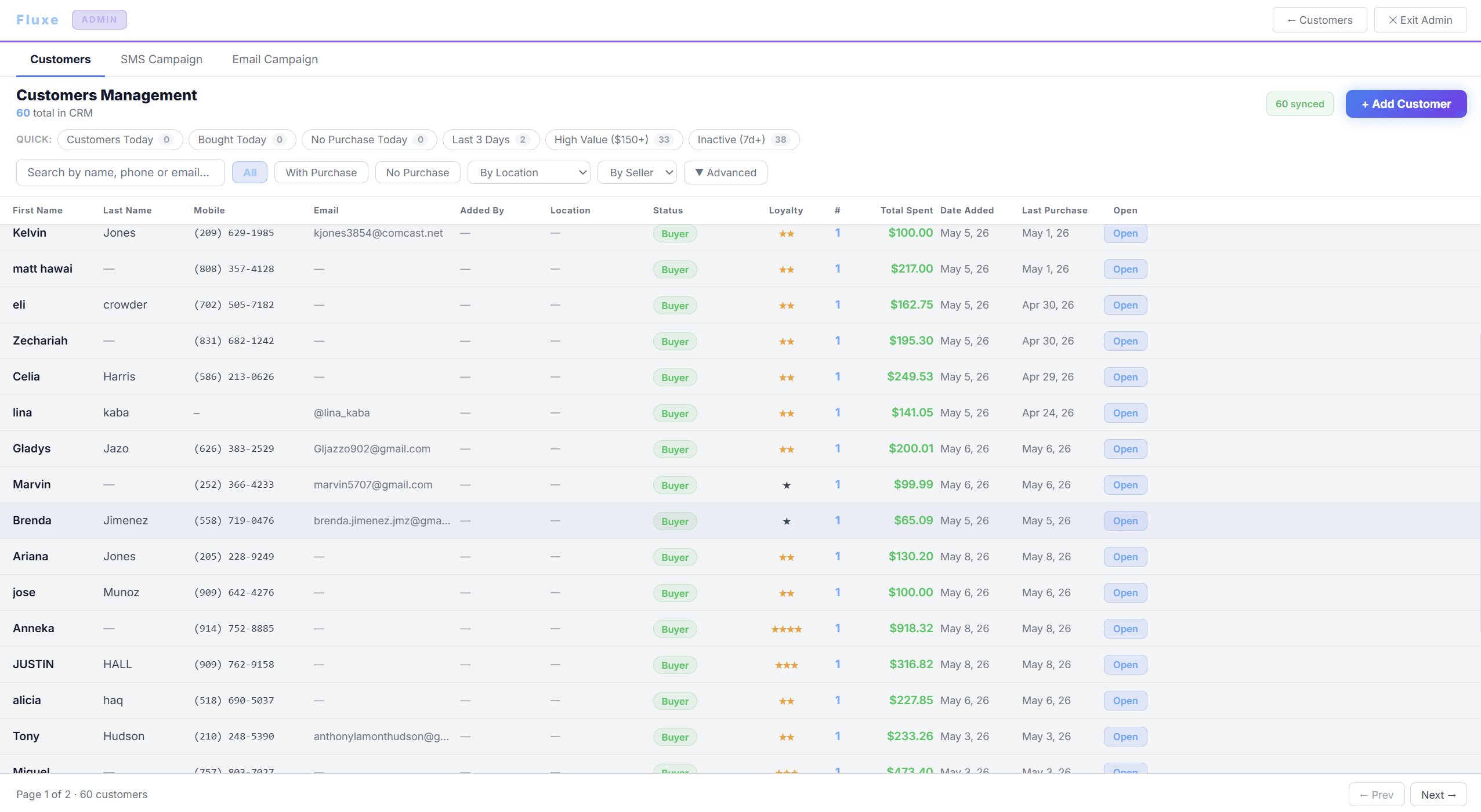 Fluxe customer CRM screen for capturing customer profiles at checkout