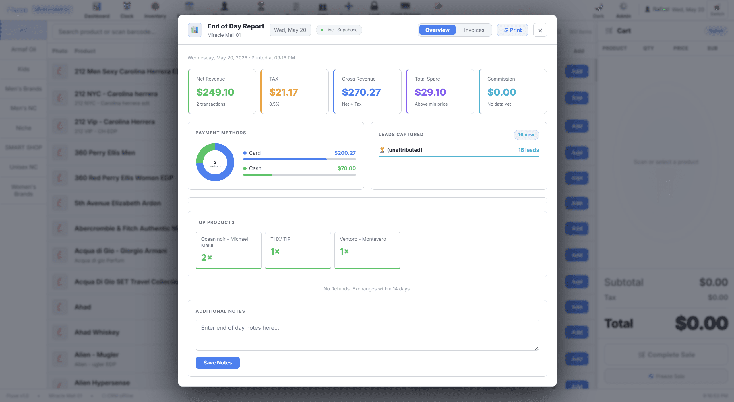 Fluxe end of day report with revenue breakdown and payment method totals